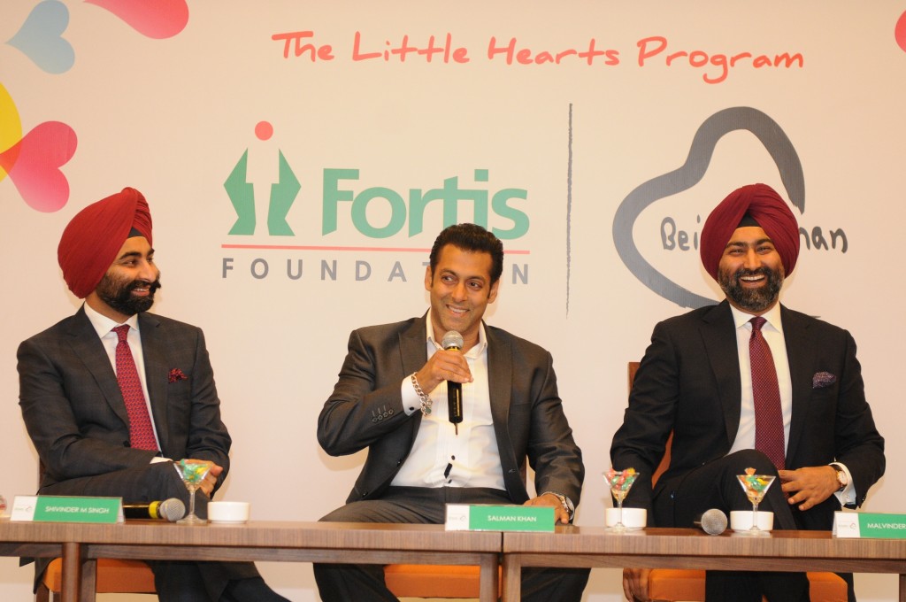 Mr. Shivinder Mohan Singh, Actor Salman Khan, Mr. Malvinder Mohan Singh at the launch of Being Human Store at Fortis Memorial Research Inst. in Gurgaon